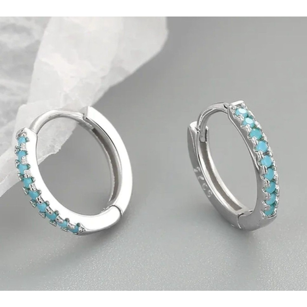 NEW Mens Unisex Turquoise 925 Sterling Silver Hoop‎ Earrings, 9mm
